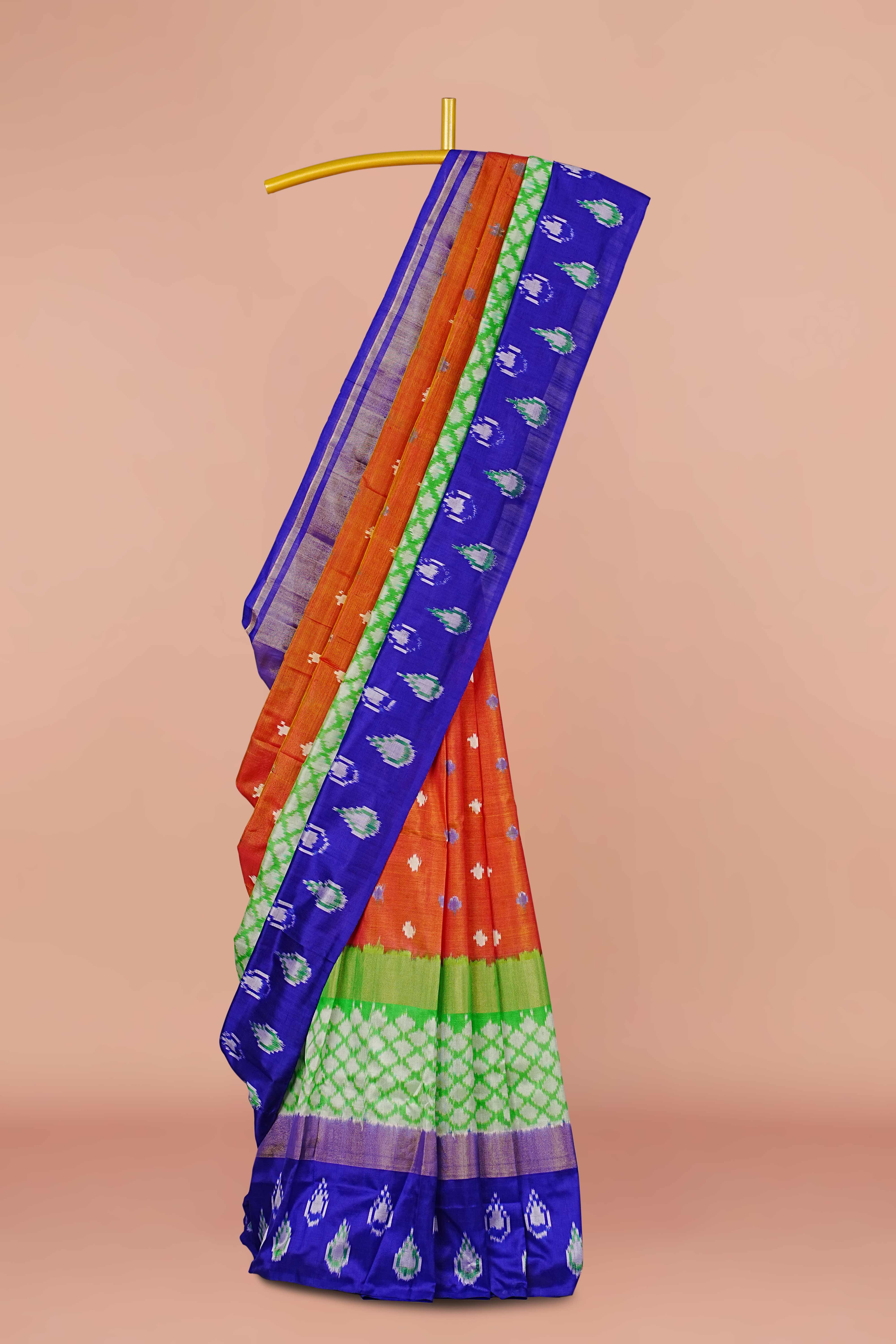 Orange green blue ikkat silk