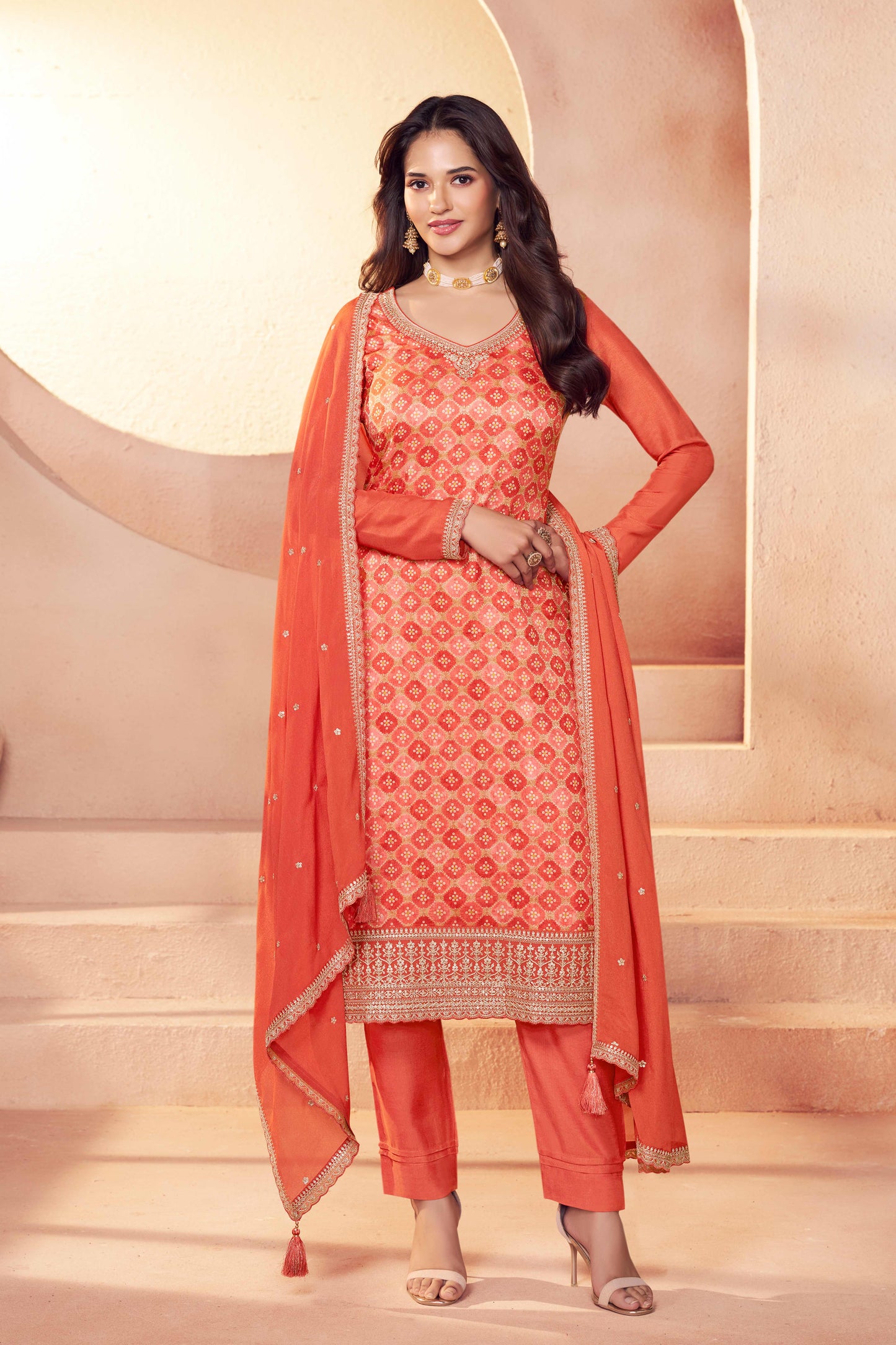 Orange jacquard moga silk suit set