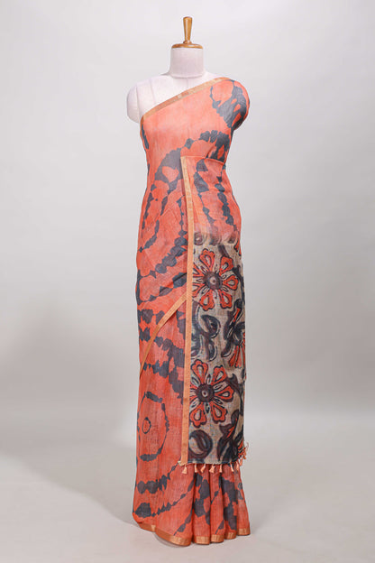 Orange linen cotton saree