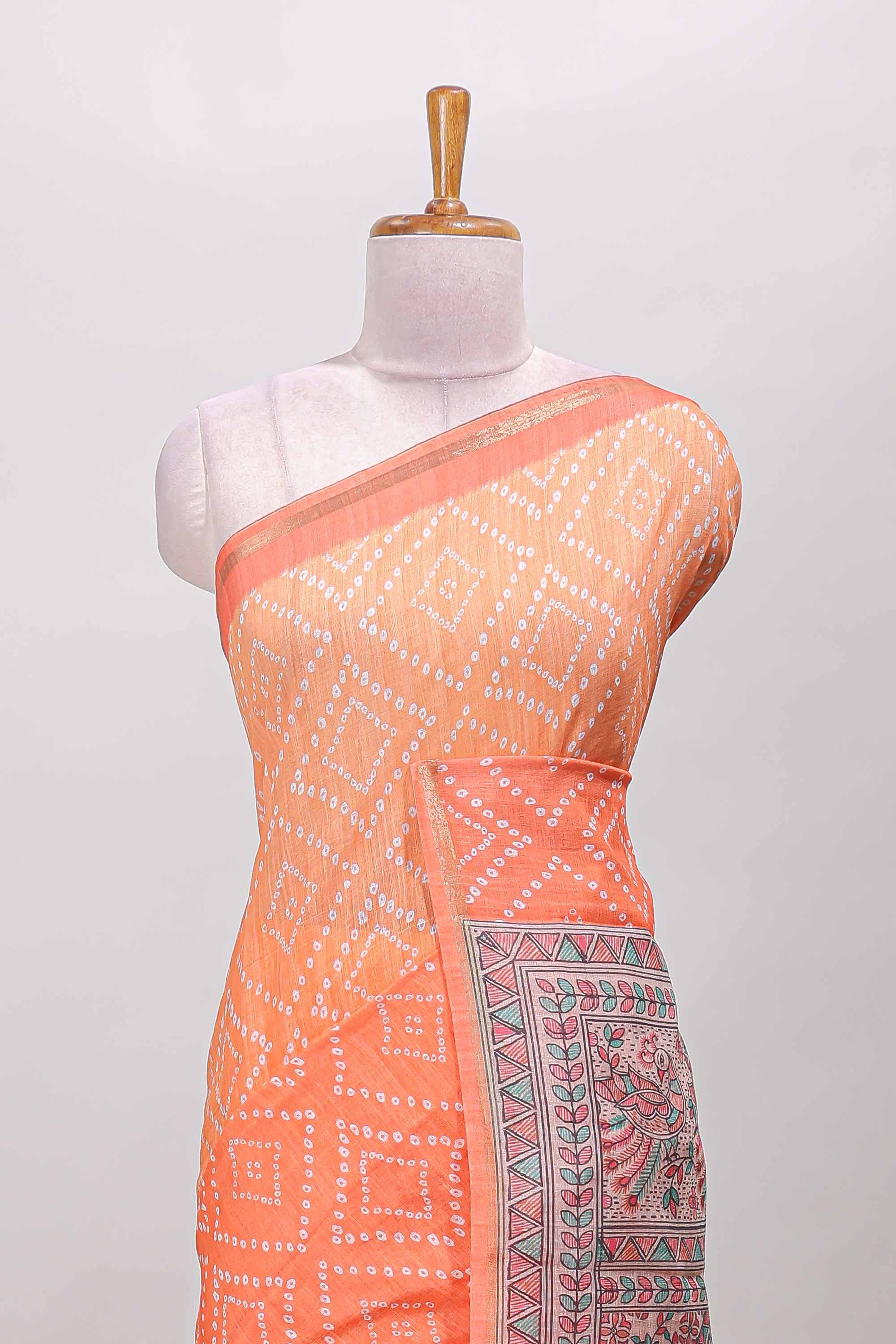 Orange linen saree with self zari borders