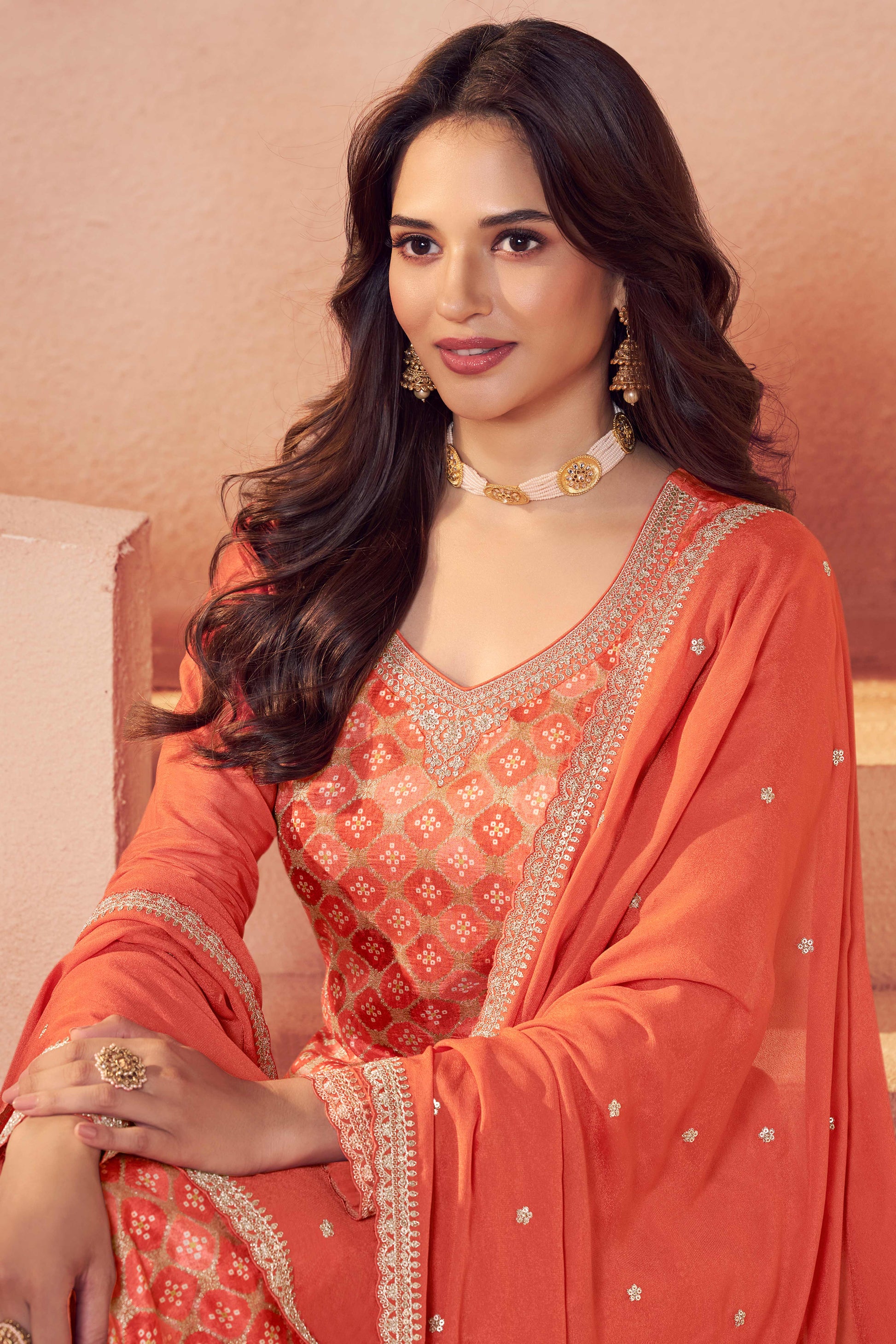 Orange moga silk jacquard dress material