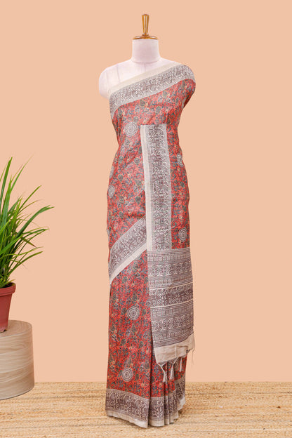 Orange paisley print chanderi cotton saree with medallion pallu