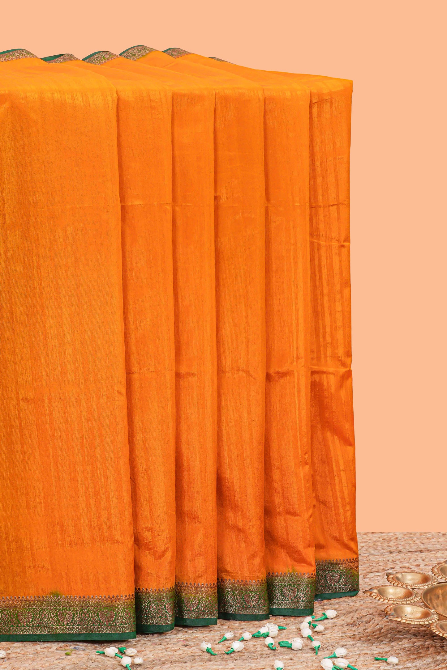 Orange raw silk plain saree