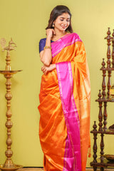 Orange semi soft silk contrast border saree