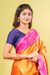 Orange semi soft silk fine zari line saree