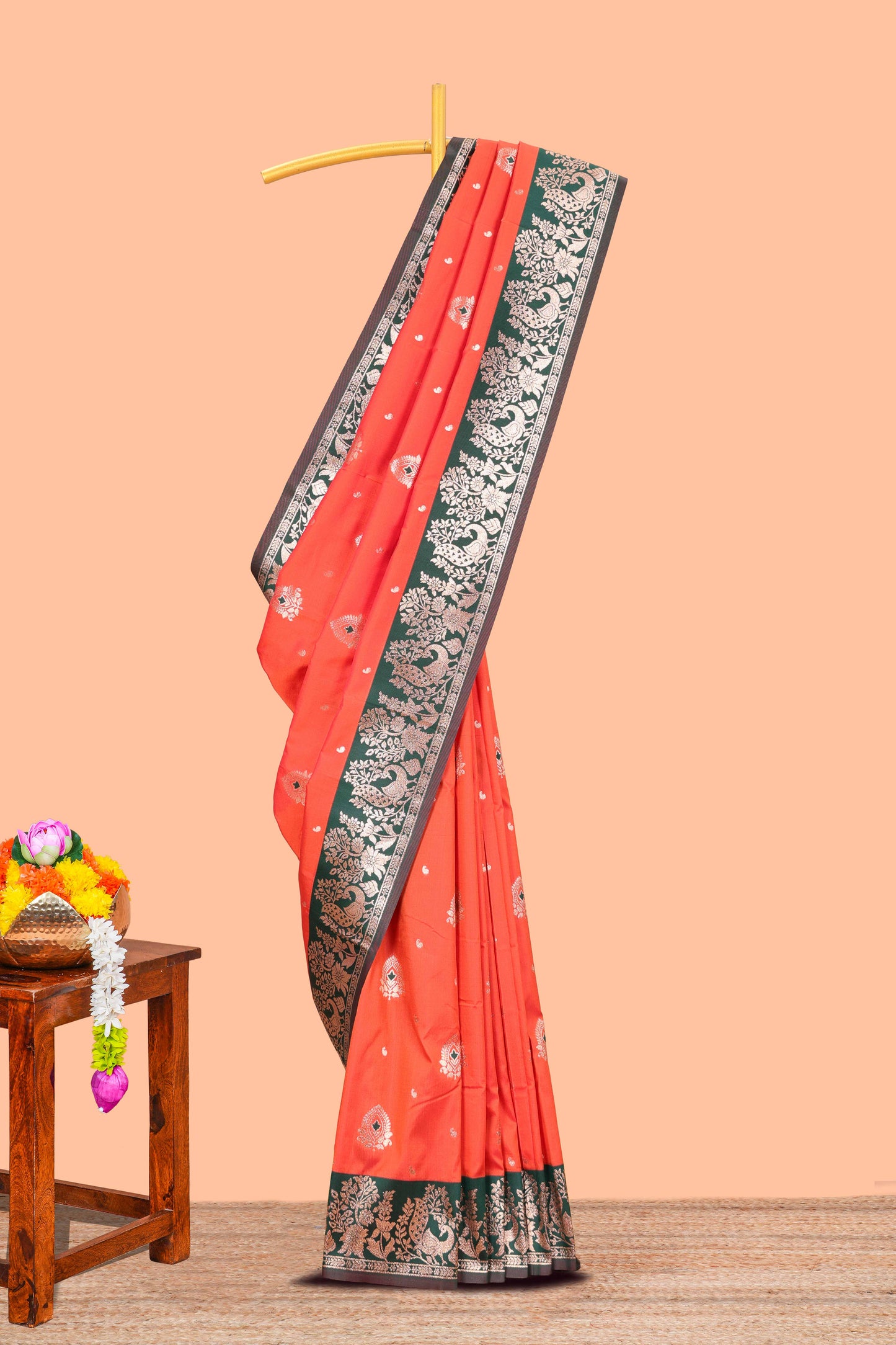 Orange semi soft silk zari butta saree