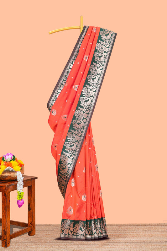 Orange semi soft silk zari butta saree