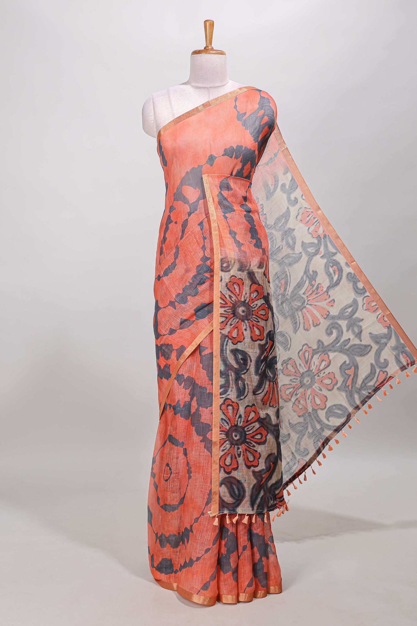 Orange shibori linen saree