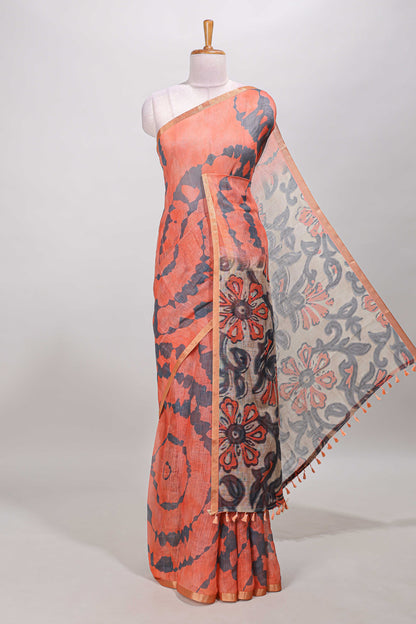 Orange shibori linen saree