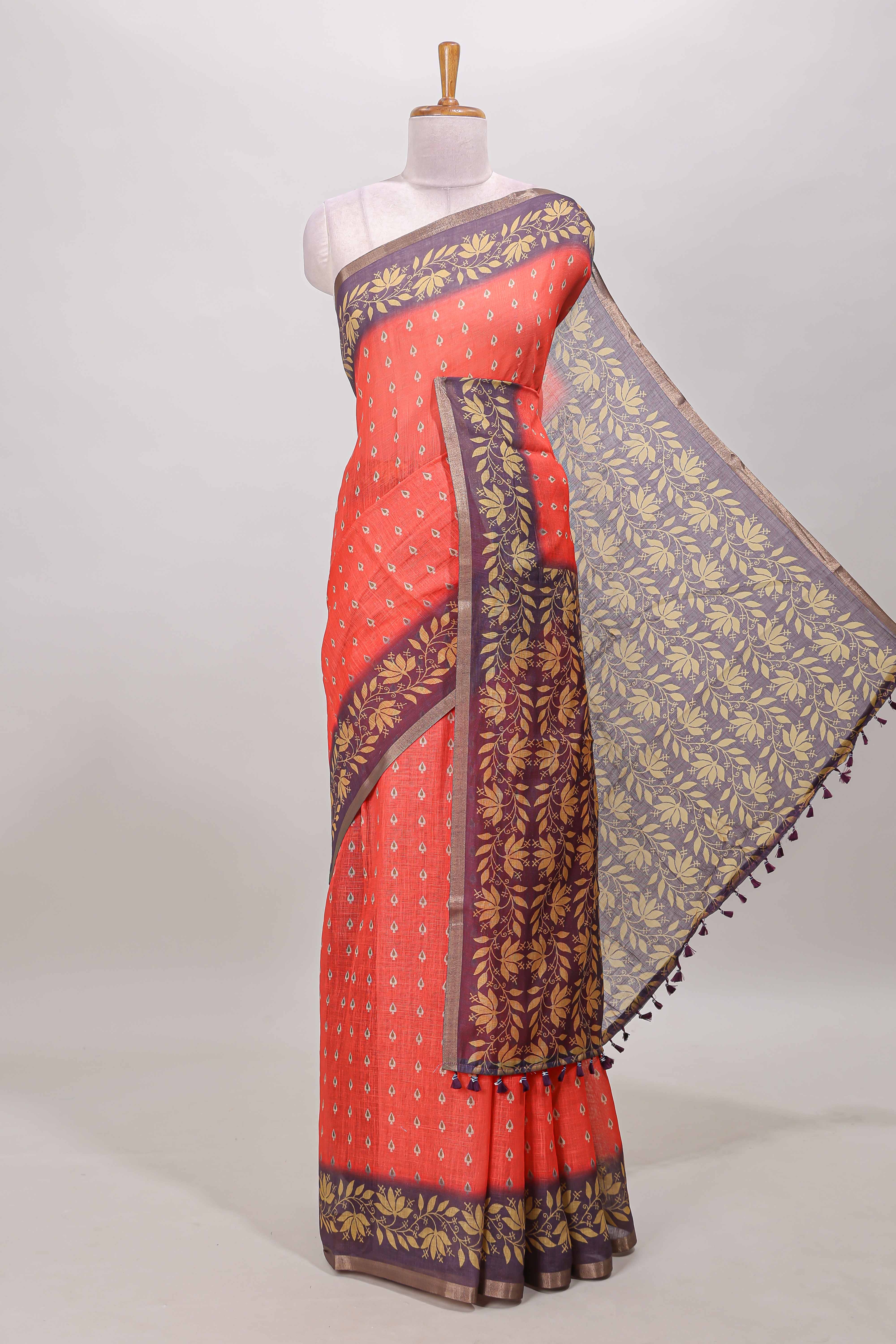 Orange spade motifs linen cotton saree 