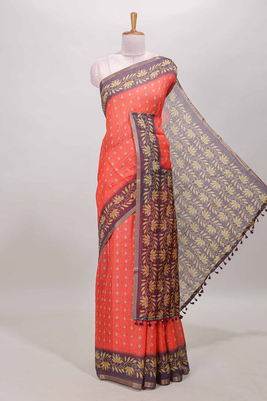 Orange spade motifs linen cotton saree 