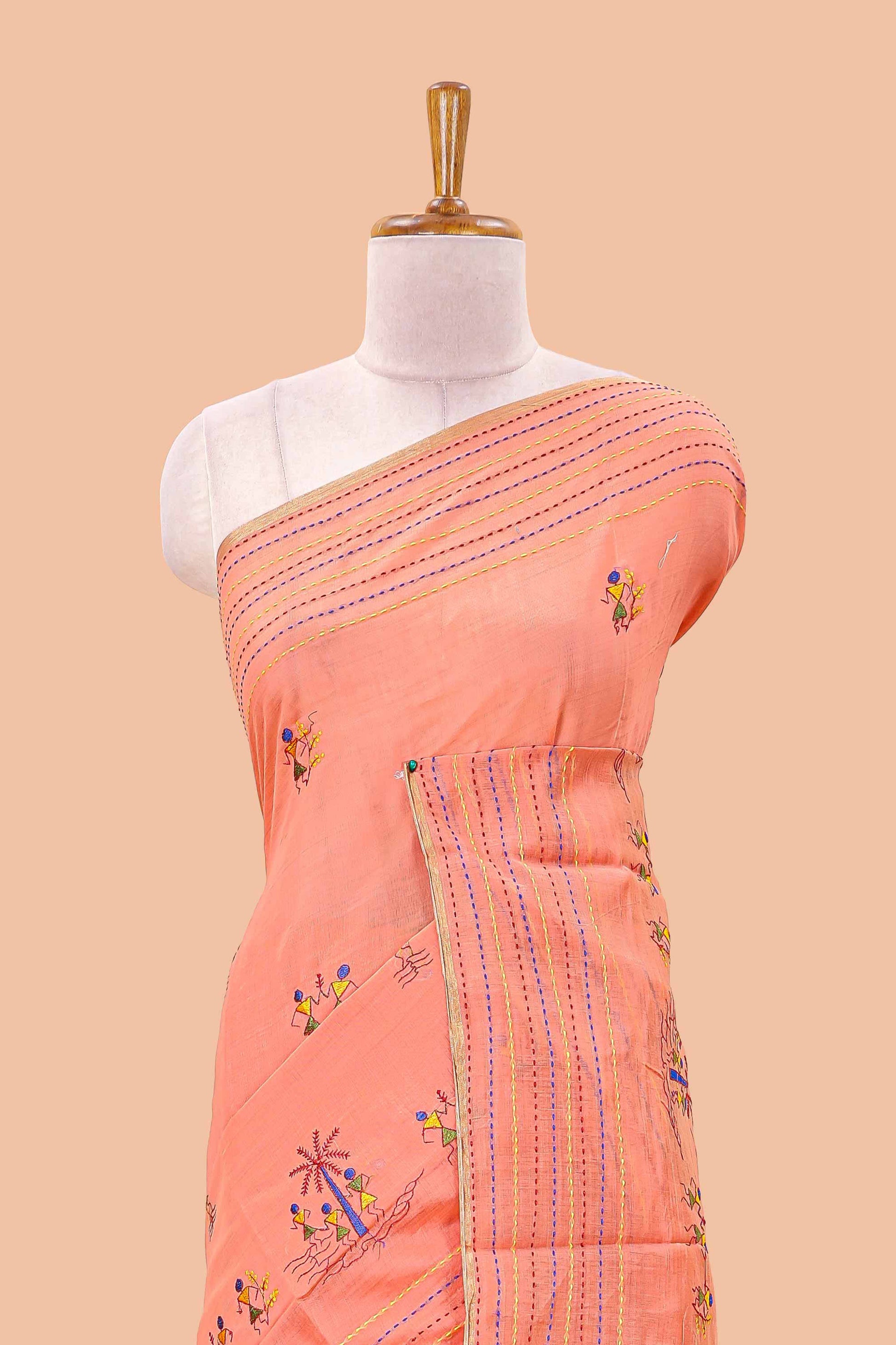 Orange warli art chanderi saree
