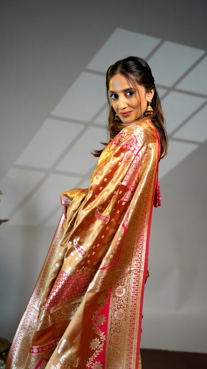 Mustard zari butta semi soft silk saree with self border and matching pallu