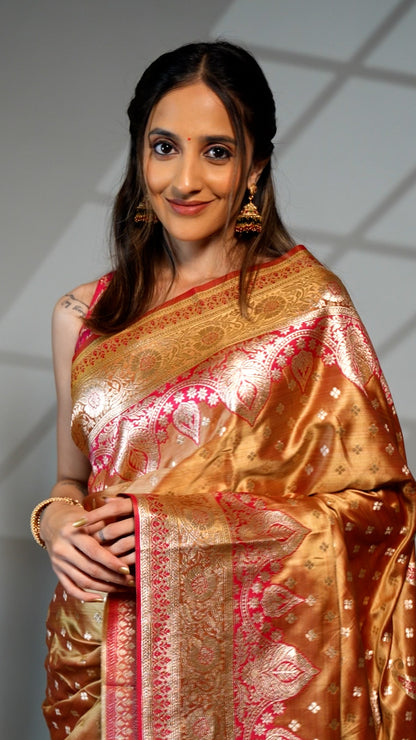 Mustard zari butta semi soft silk saree with self border and matching pallu