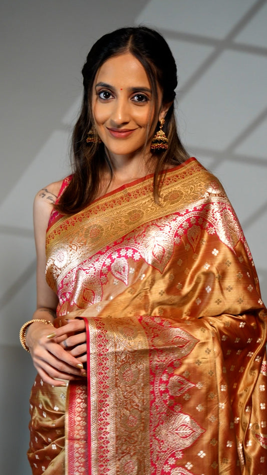 Mustard zari butta semi soft silk saree with self border and matching pallu