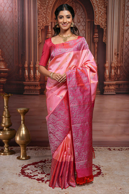 Pink striped floral silver zari butta parambariya pattu saree with contrast zari border and pallu