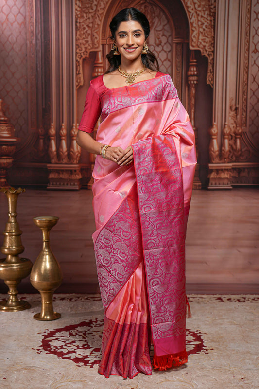 Pink striped floral silver zari butta parambariya pattu saree with contrast zari border and pallu