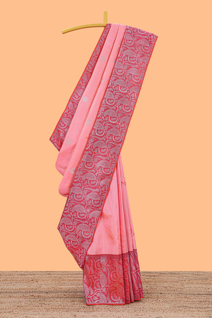 Pink striped floral silver zari butta parambariya pattu saree with contrast zari border and pallu
