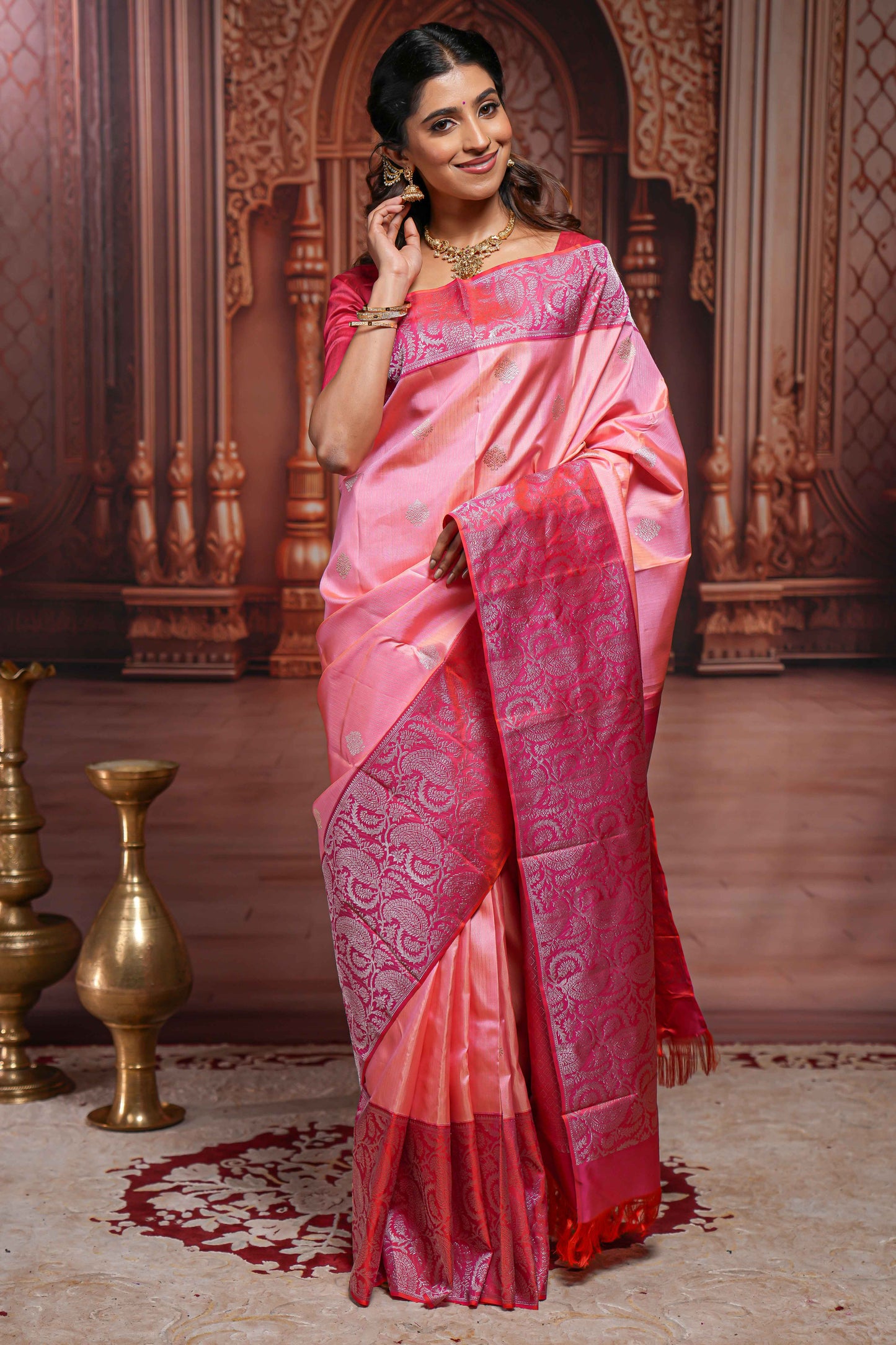 Pink striped floral silver zari butta parambariya pattu saree with contrast zari border and pallu