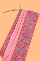 Pink striped floral silver zari butta parambariya pattu saree with contrast zari border and pallu
