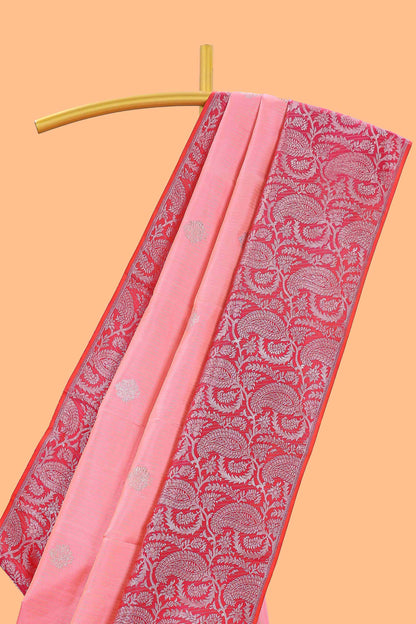 Pink striped floral silver zari butta parambariya pattu saree with contrast zari border and pallu