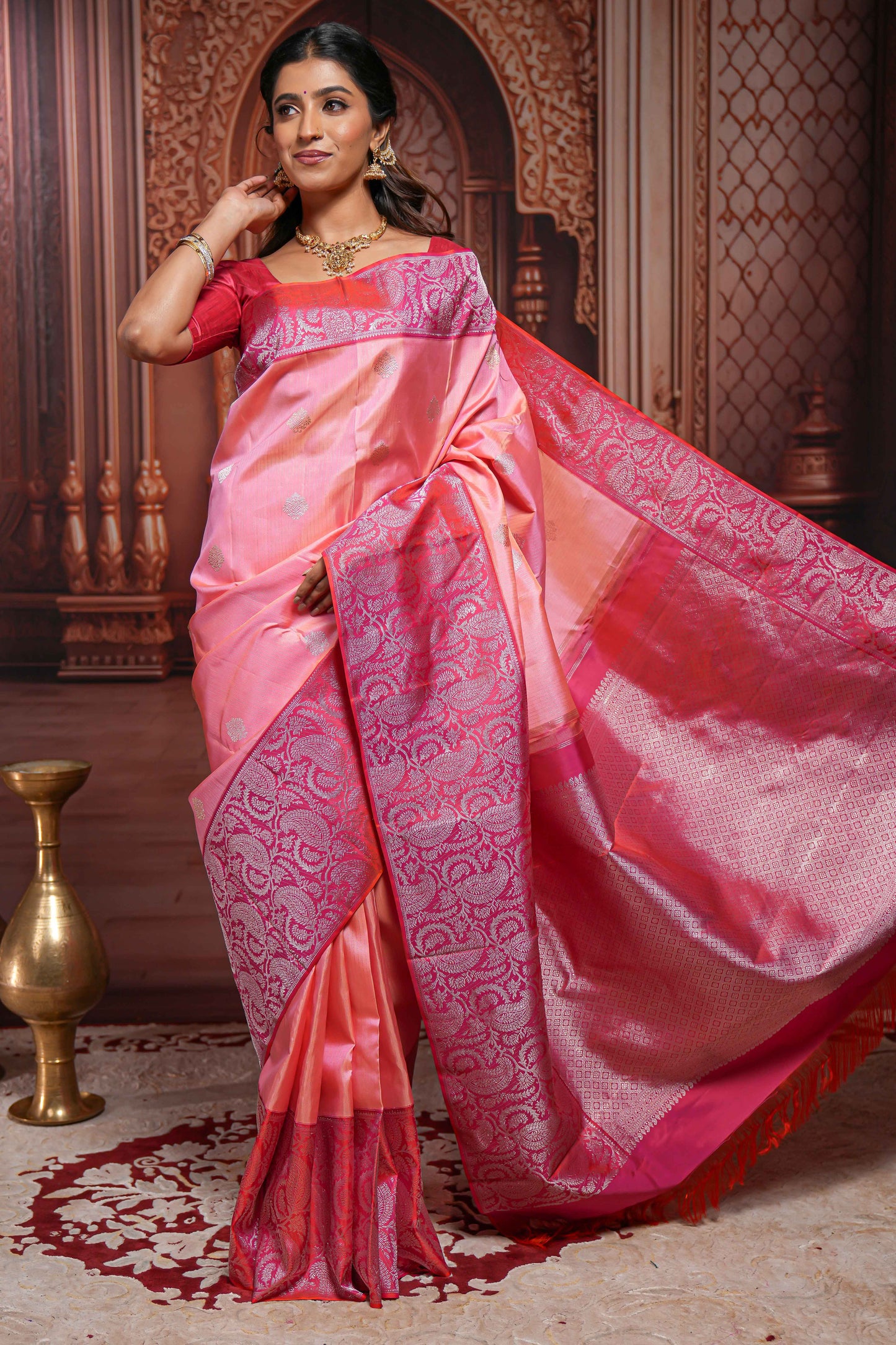 Pink striped floral silver zari butta parambariya pattu saree with contrast zari border and pallu