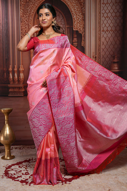 Pink striped floral silver zari butta parambariya pattu saree with contrast zari border and pallu