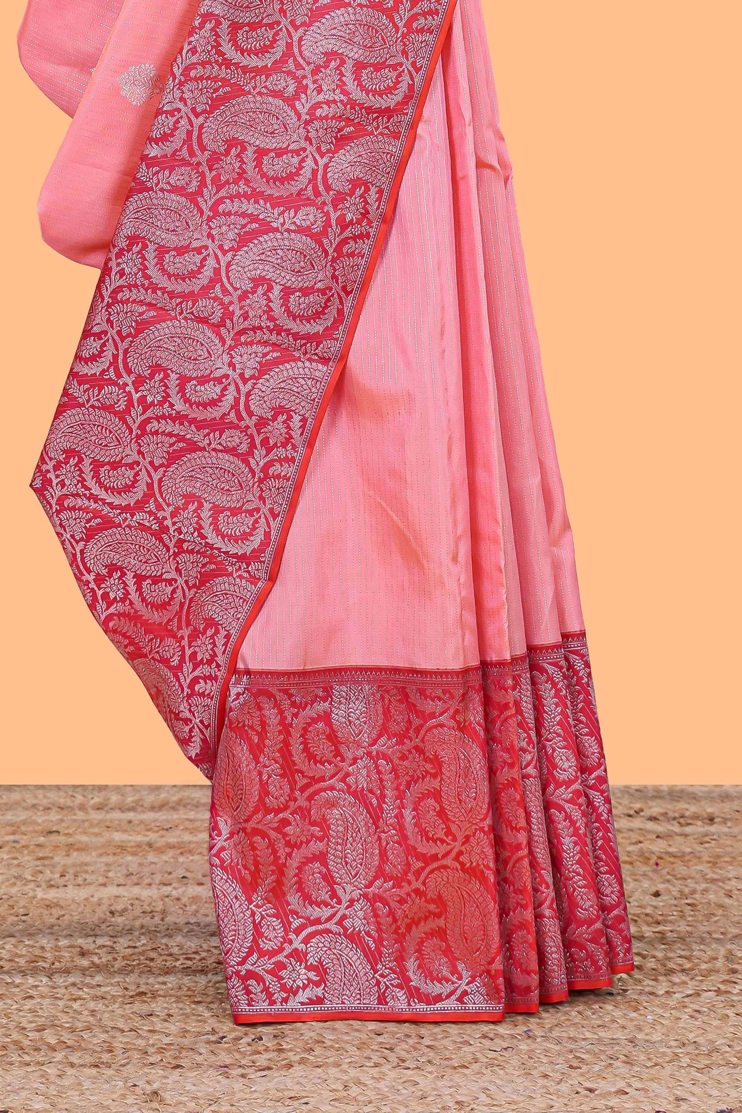 Pink striped floral silver zari butta parambariya pattu saree with contrast zari border and pallu