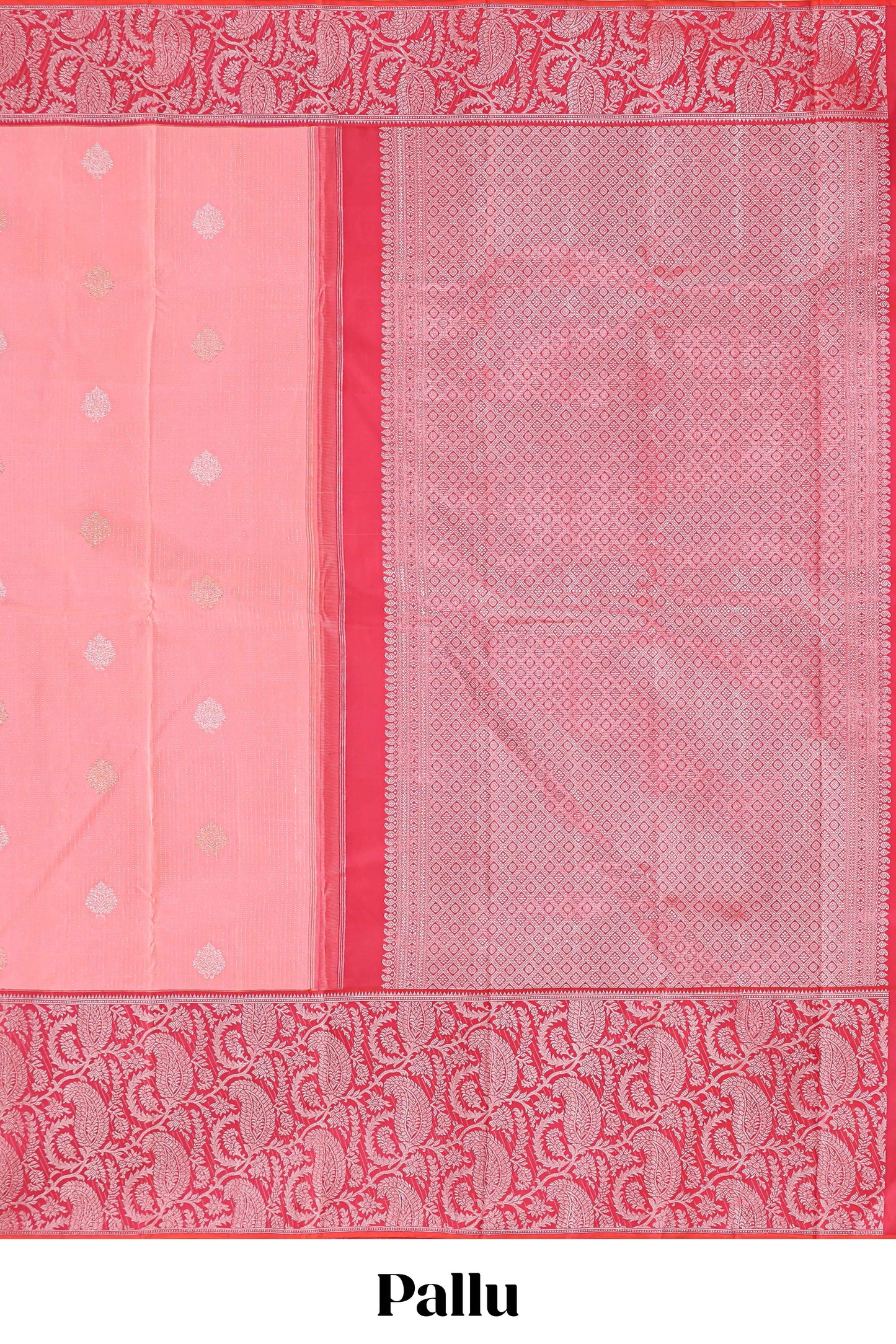 Pink striped floral silver zari butta parambariya pattu saree with contrast zari border and pallu
