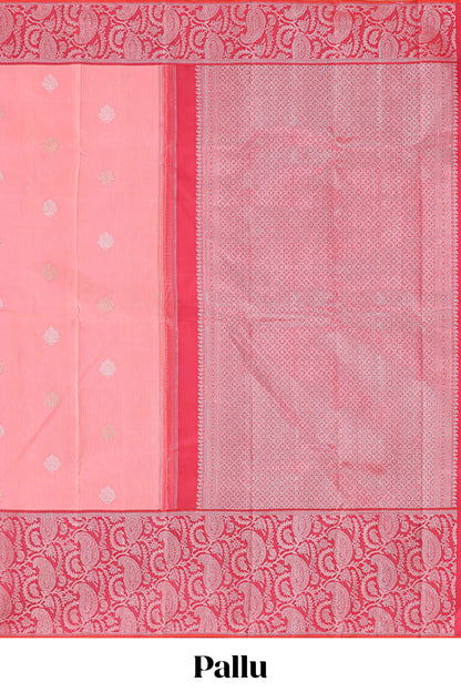 Pink striped floral silver zari butta parambariya pattu saree with contrast zari border and pallu