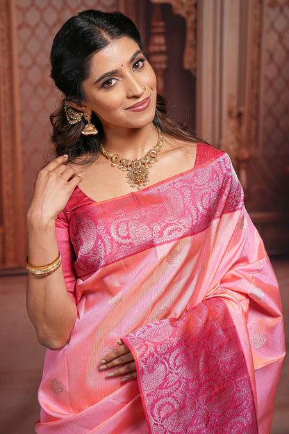 Pink striped floral silver zari butta parambariya pattu saree with contrast zari border and pallu