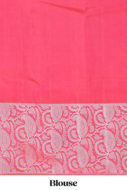 Pink striped floral silver zari butta parambariya pattu saree with contrast zari border and pallu