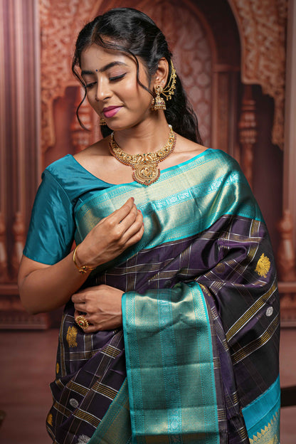 Violet checked  peacock and floral zari butta parambariya pattu saree with contrast zari border and pallu