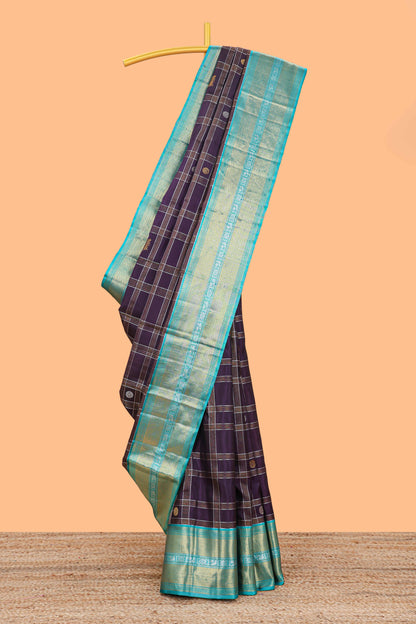 Violet checked  peacock and floral zari butta parambariya pattu saree with contrast zari border and pallu