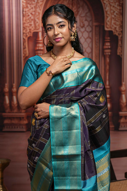 Violet checked  peacock and floral zari butta parambariya pattu saree with contrast zari border and pallu