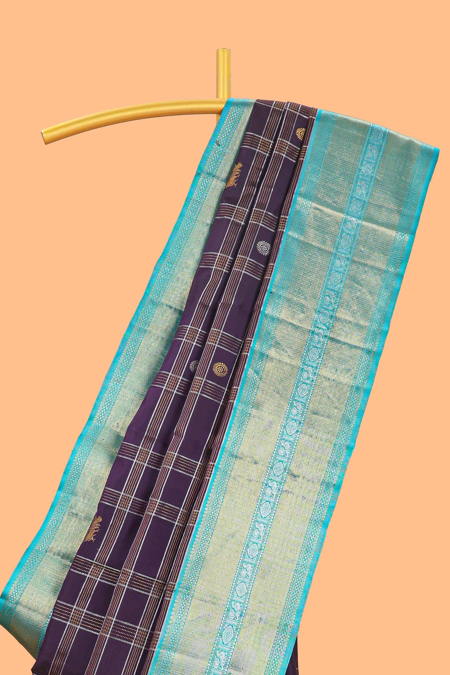 Violet checked  peacock and floral zari butta parambariya pattu saree with contrast zari border and pallu