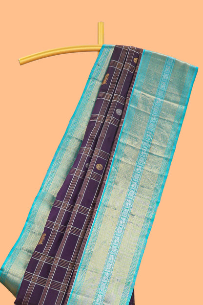 Violet checked  peacock and floral zari butta parambariya pattu saree with contrast zari border and pallu