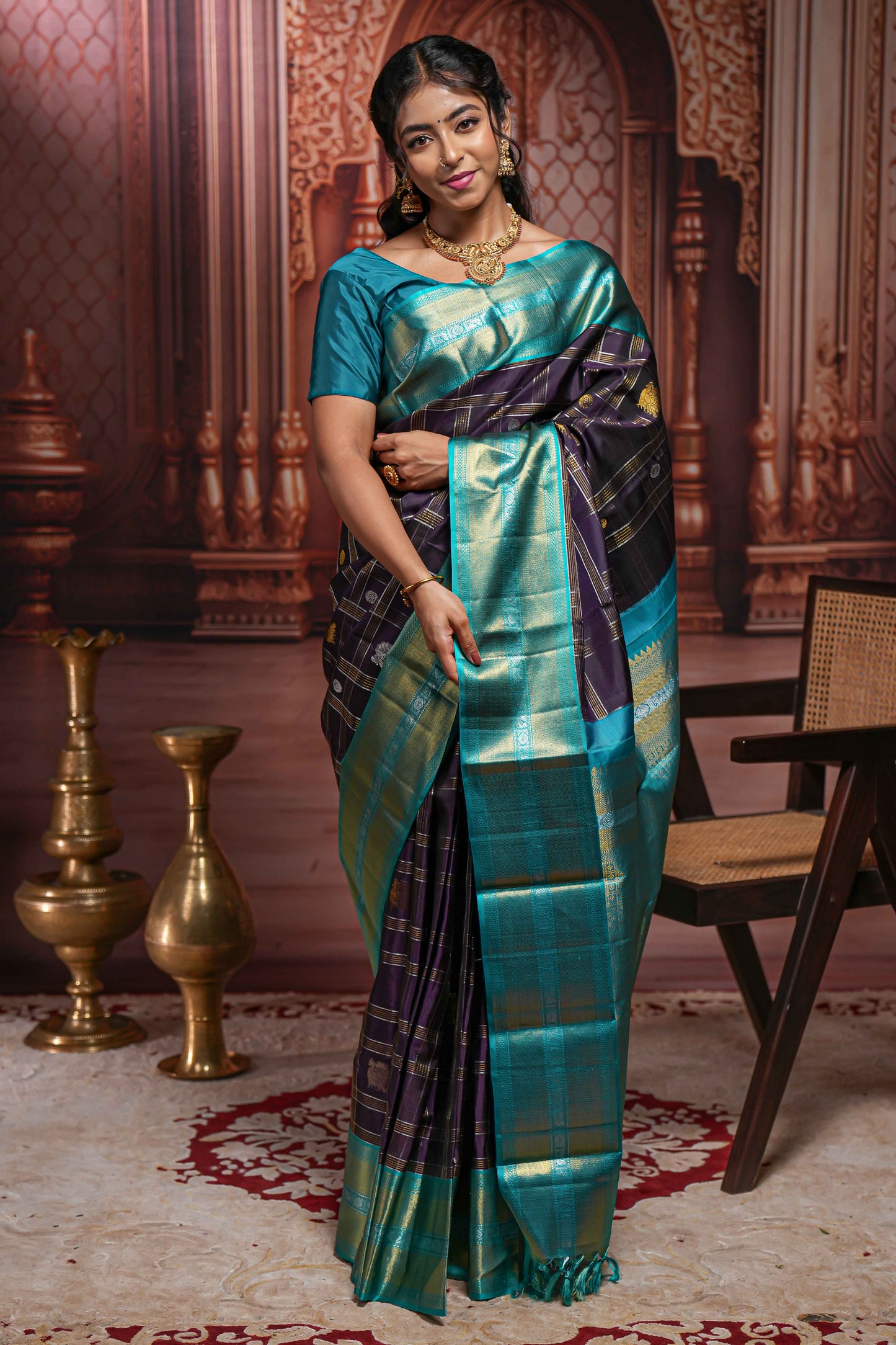 Violet checked  peacock and floral zari butta parambariya pattu saree with contrast zari border and pallu