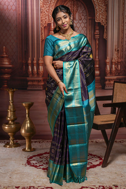 Violet checked  peacock and floral zari butta parambariya pattu saree with contrast zari border and pallu