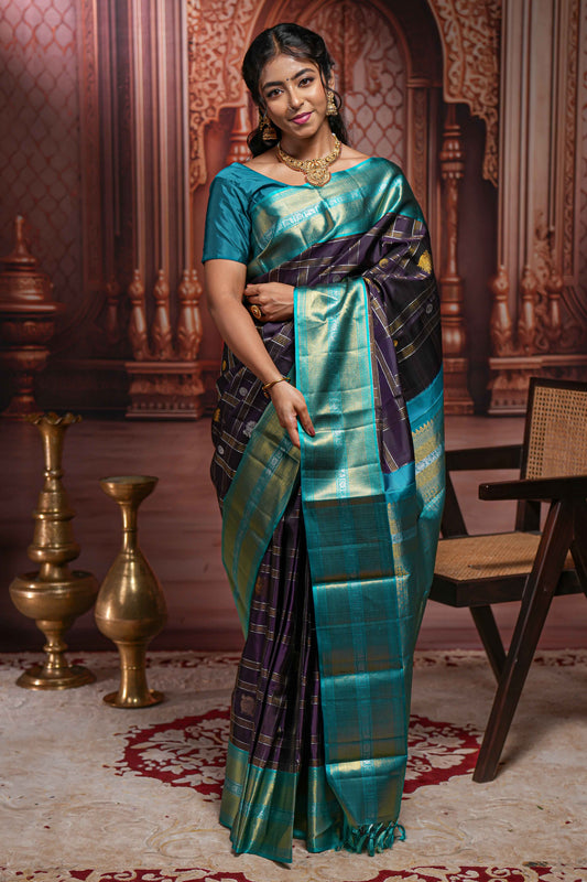 Violet checked  peacock and floral zari butta parambariya pattu saree with contrast zari border and pallu