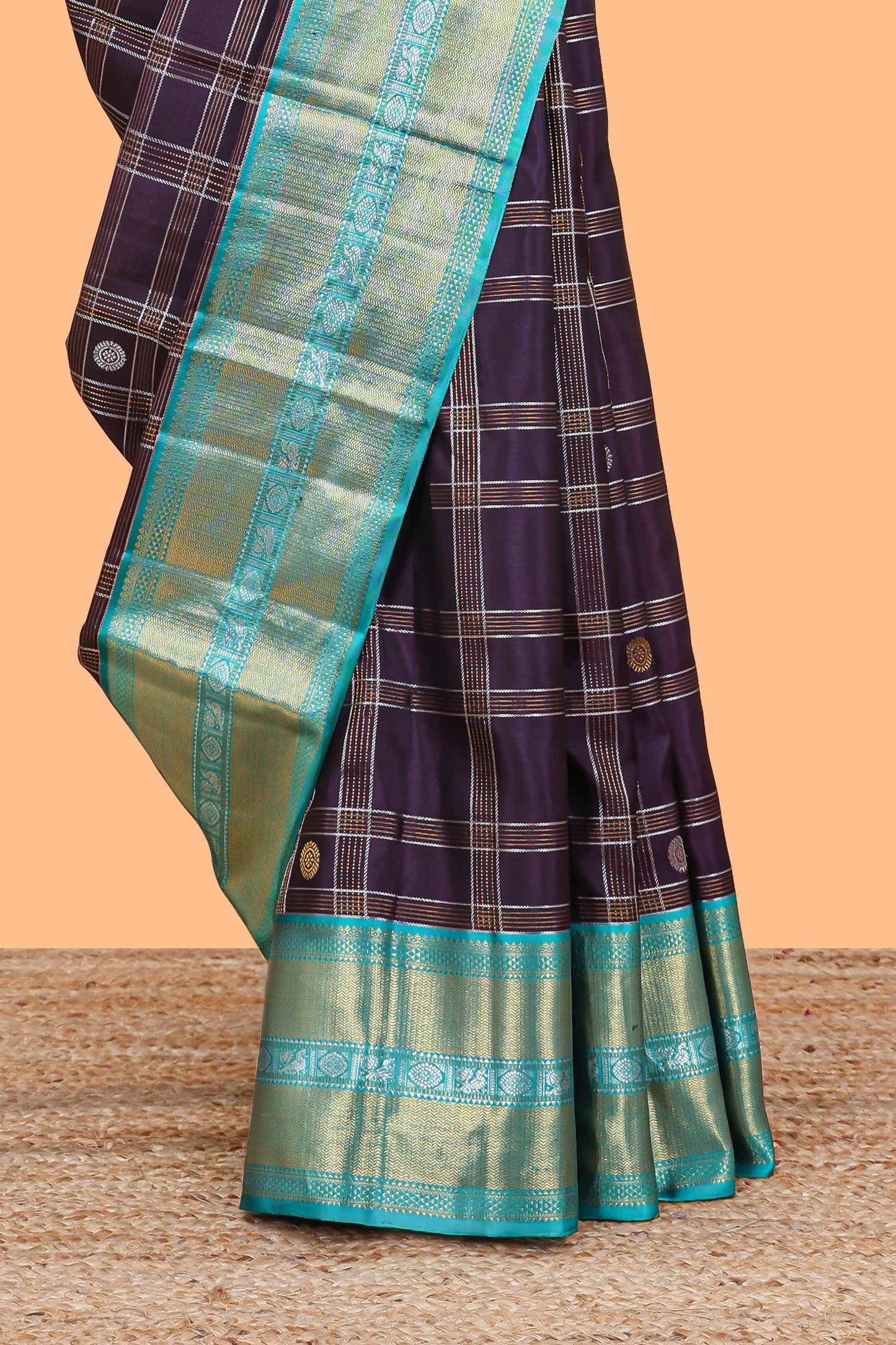 Violet checked  peacock and floral zari butta parambariya pattu saree with contrast zari border and pallu