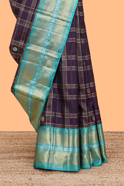 Violet checked  peacock and floral zari butta parambariya pattu saree with contrast zari border and pallu