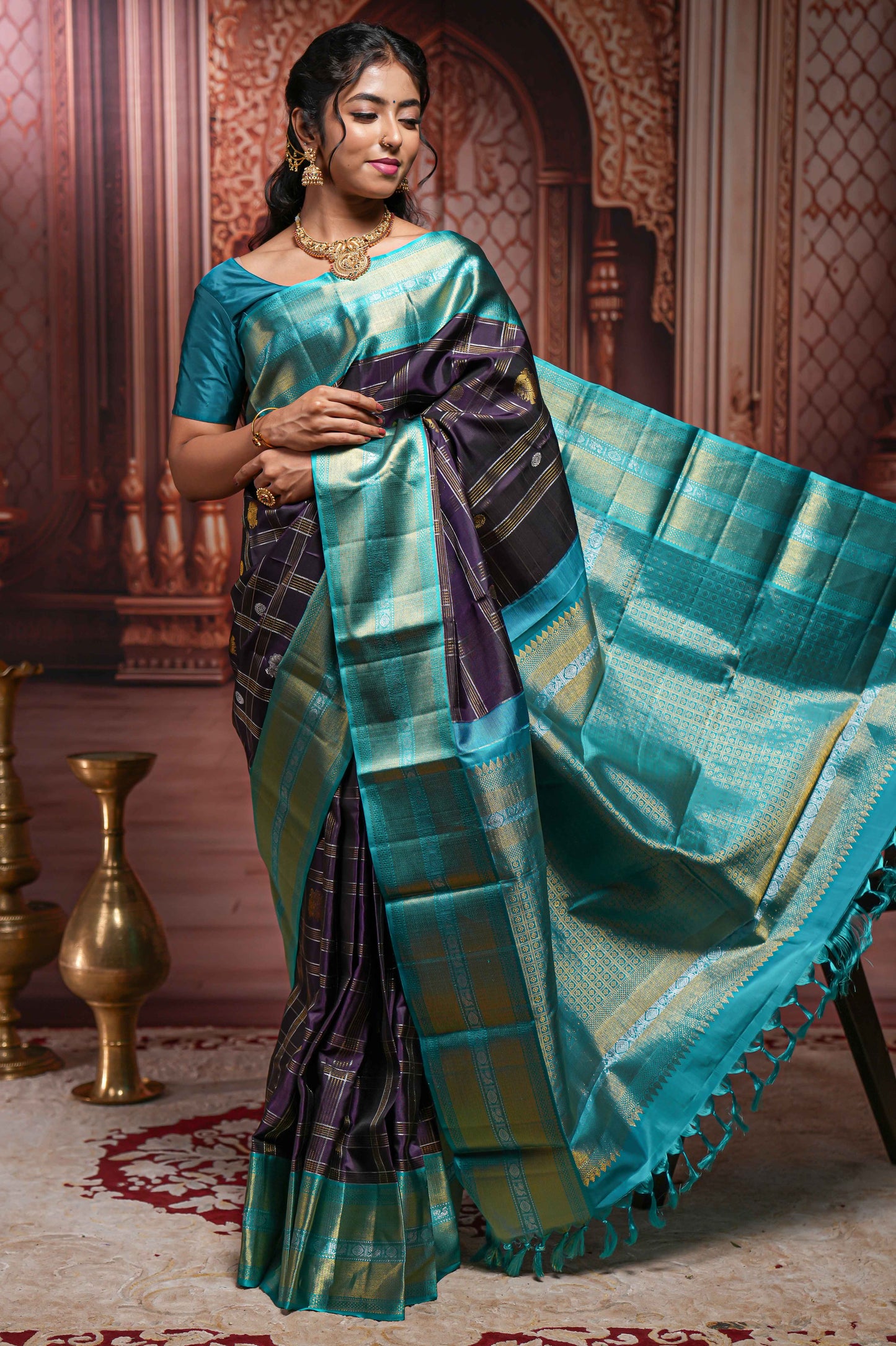 Violet checked  peacock and floral zari butta parambariya pattu saree with contrast zari border and pallu