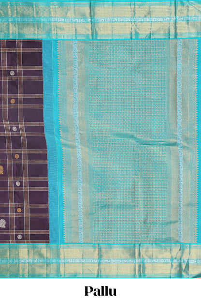 Violet checked  peacock and floral zari butta parambariya pattu saree with contrast zari border and pallu