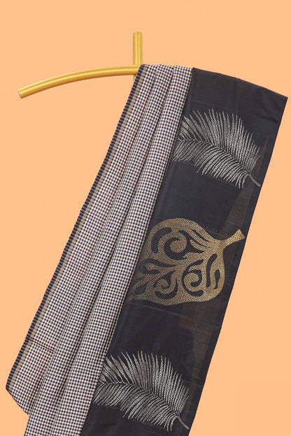 Multi color checked parambariya pattu saree with contrast leaf zari border and golden zari pallu