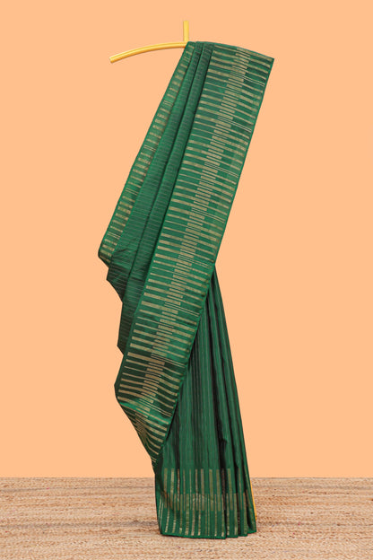 Borderless green parambariya pattu saree with zari stripes and matching checked zari pallu