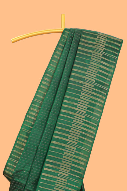 Borderless green parambariya pattu saree with zari stripes and matching checked zari pallu