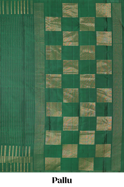 Borderless green parambariya pattu saree with zari stripes and matching checked zari pallu