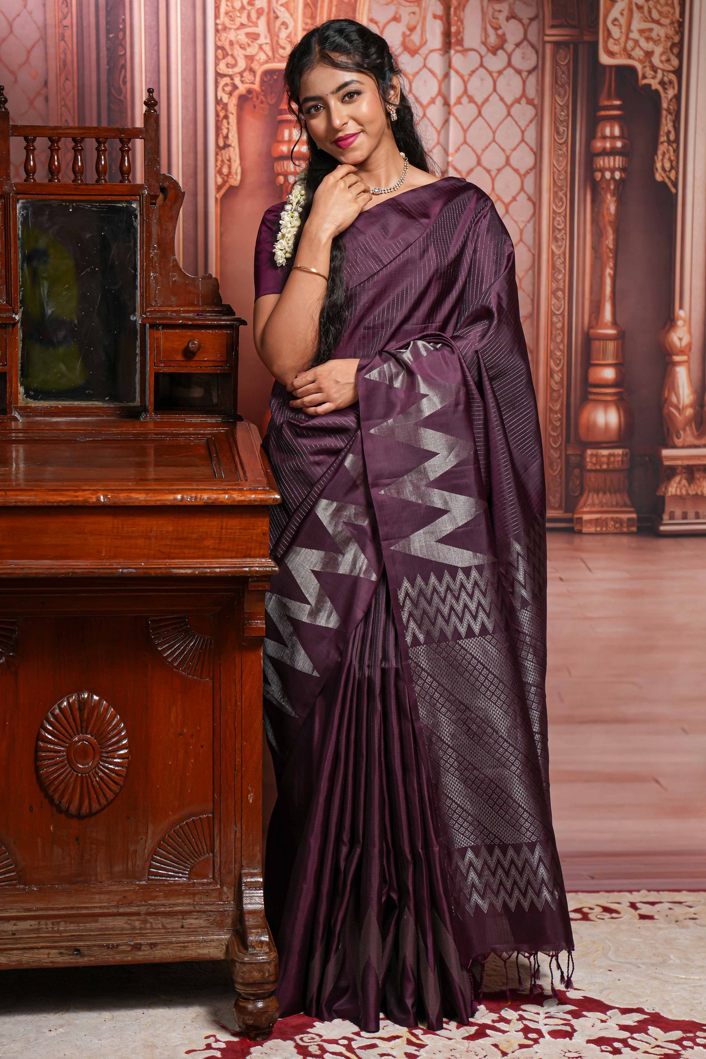 Purple silver zari striped parambariya pattu saree with self chevron design border and matching pallu