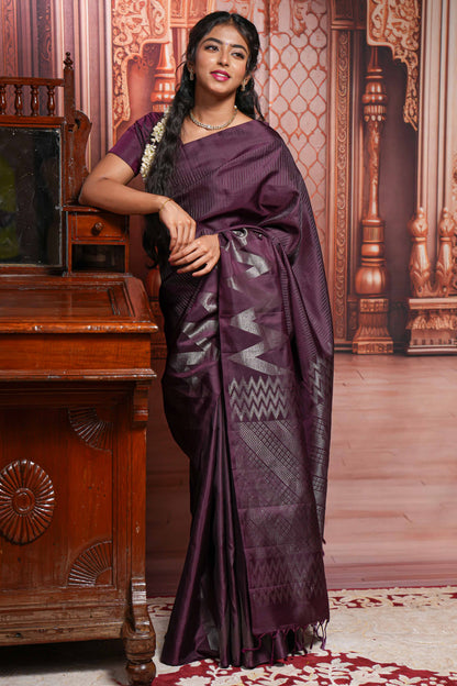 Purple silver zari striped parambariya pattu saree with self chevron design border and matching pallu